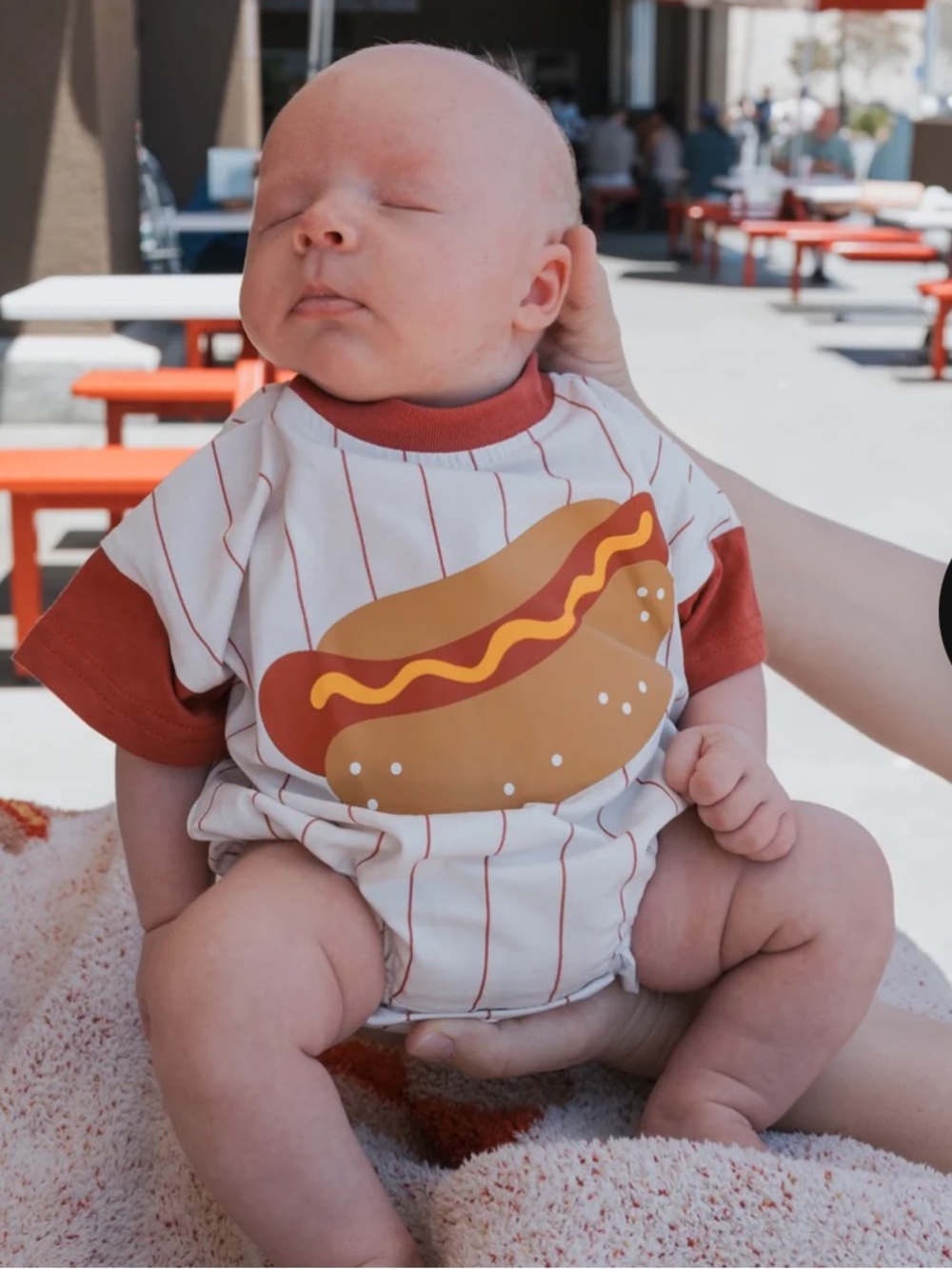 Forever French Red & Cream Short Sleeve Baby Romper - Hot Dog Graphic